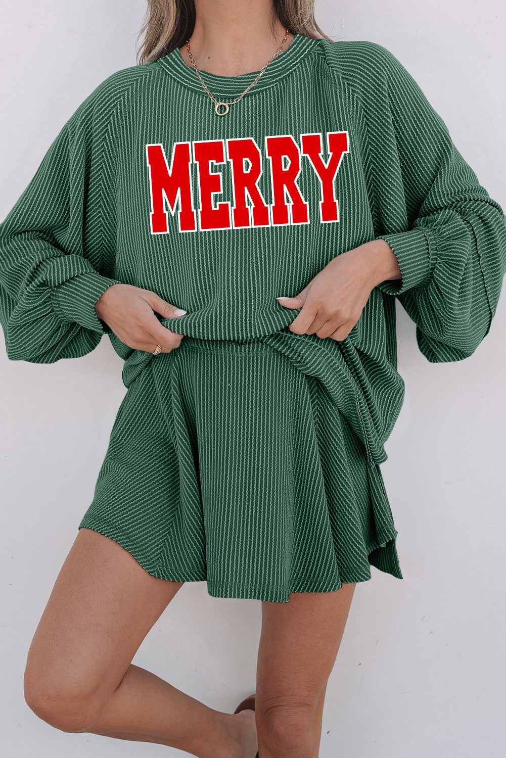 Twisted Ribbed Merry Embroidered Mini Skirt Set
