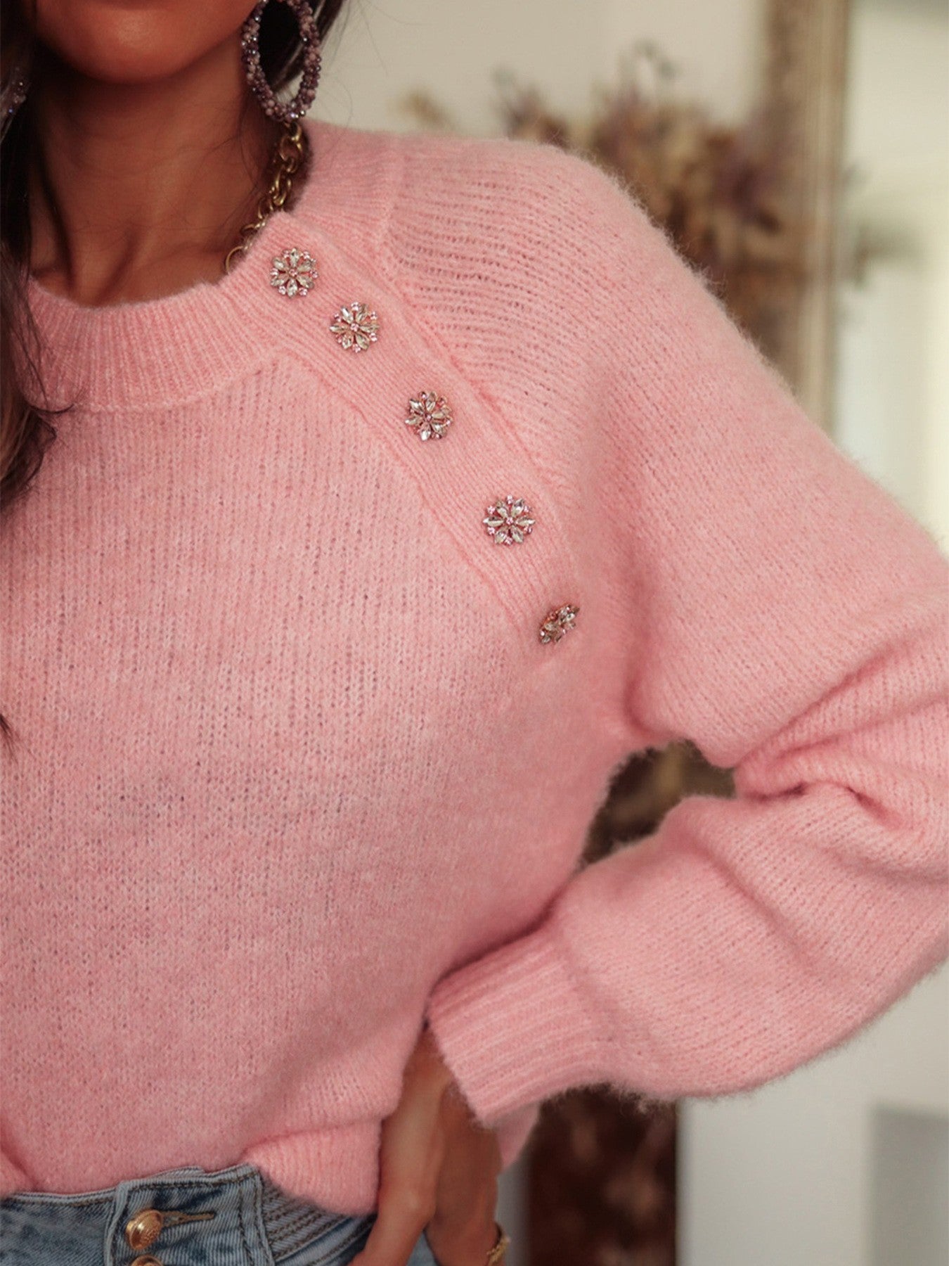 Solid Raglan Sleeve Buttoned Knit Sweater