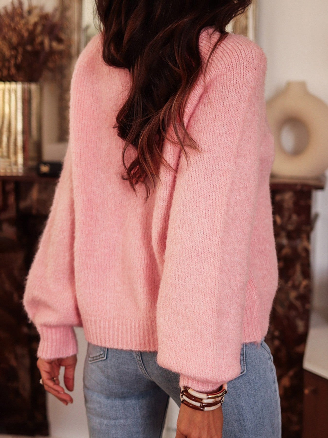 Solid Raglan Sleeve Buttoned Knit Sweater