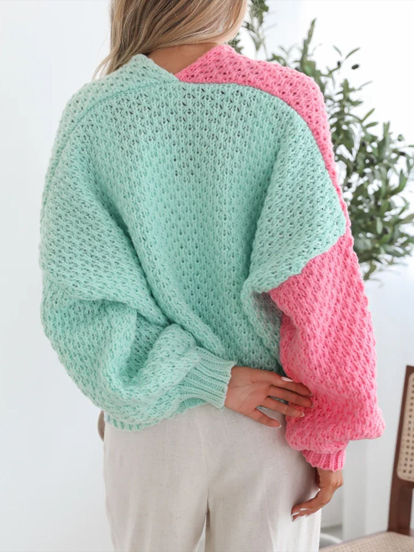Chunky Colorblock V Neck Button-up Top
