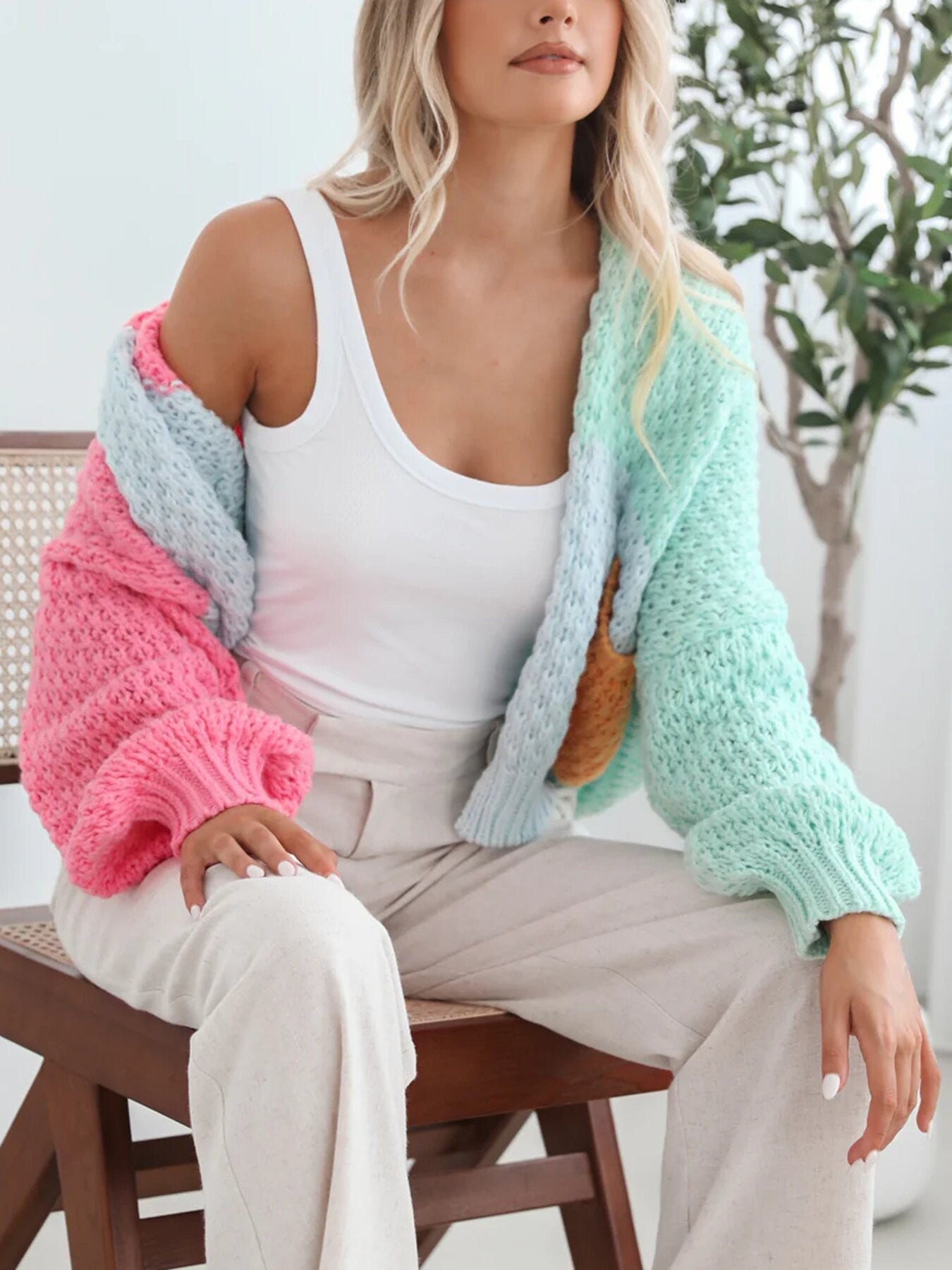 Chunky Colorblock V Neck Button-up Top