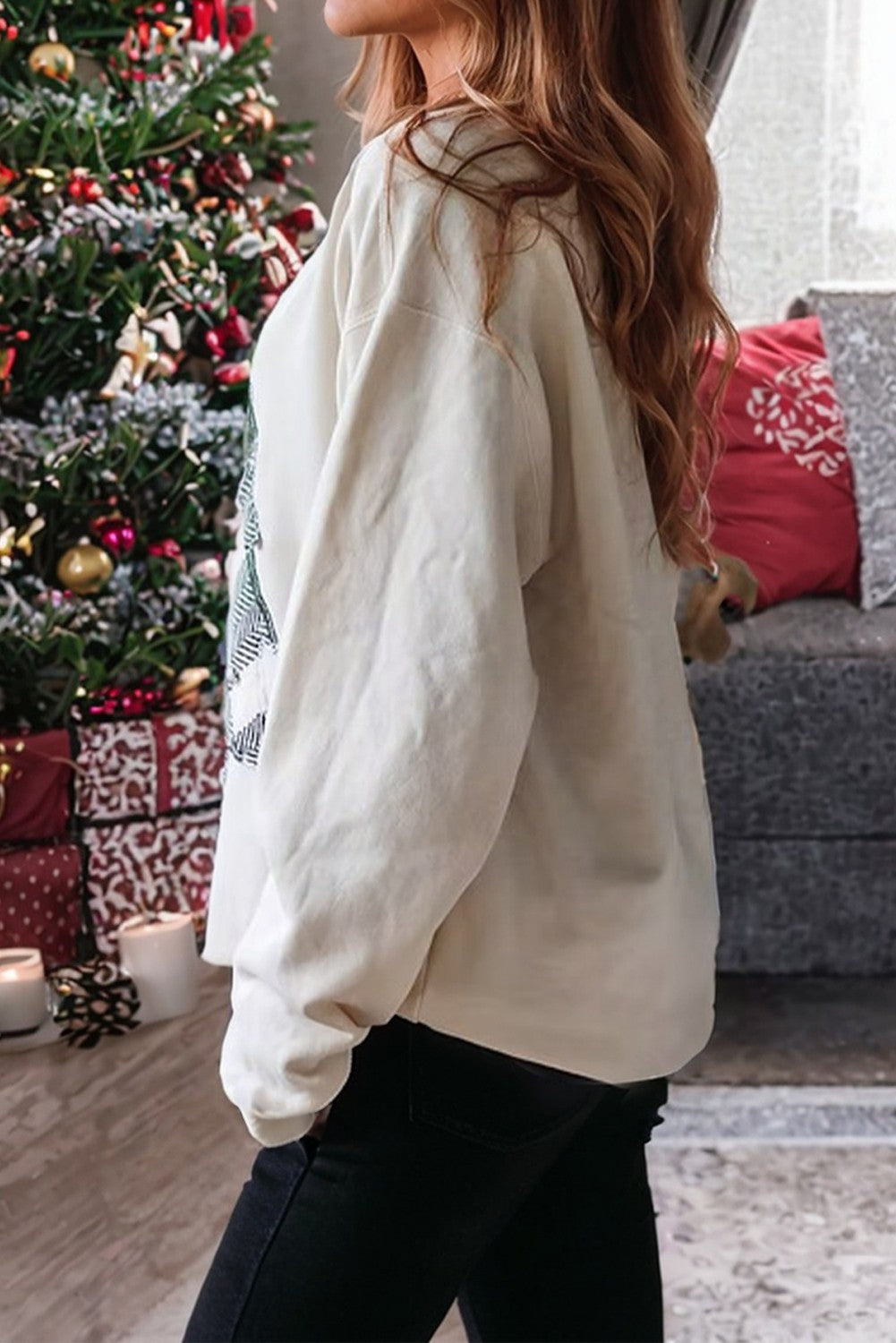 Christmas Tree Patched Drop Shoulder Sweatshirt