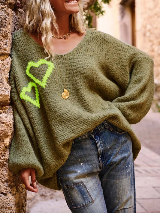 Heart Print V Neck Casual Loose Knit Sweater