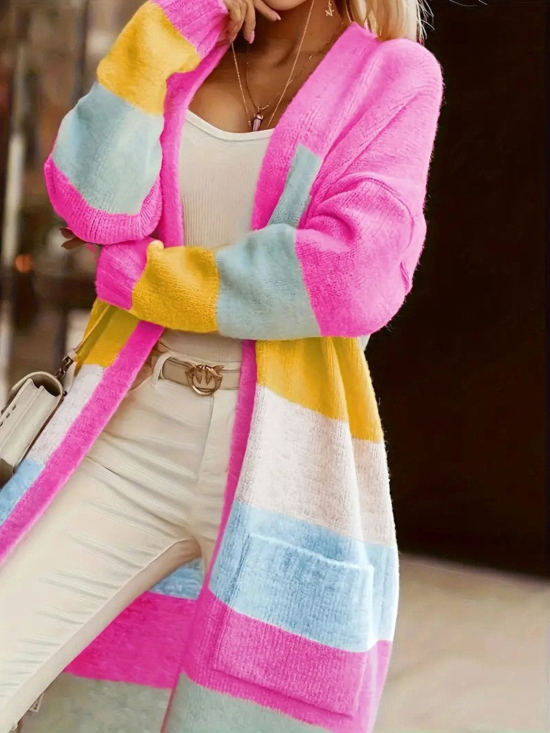 Colorblock Rainbow Stripe Long Knit Cardigan