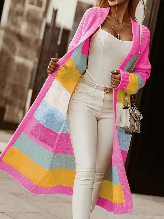 Colorblock Rainbow Stripe Long Knit Cardigan