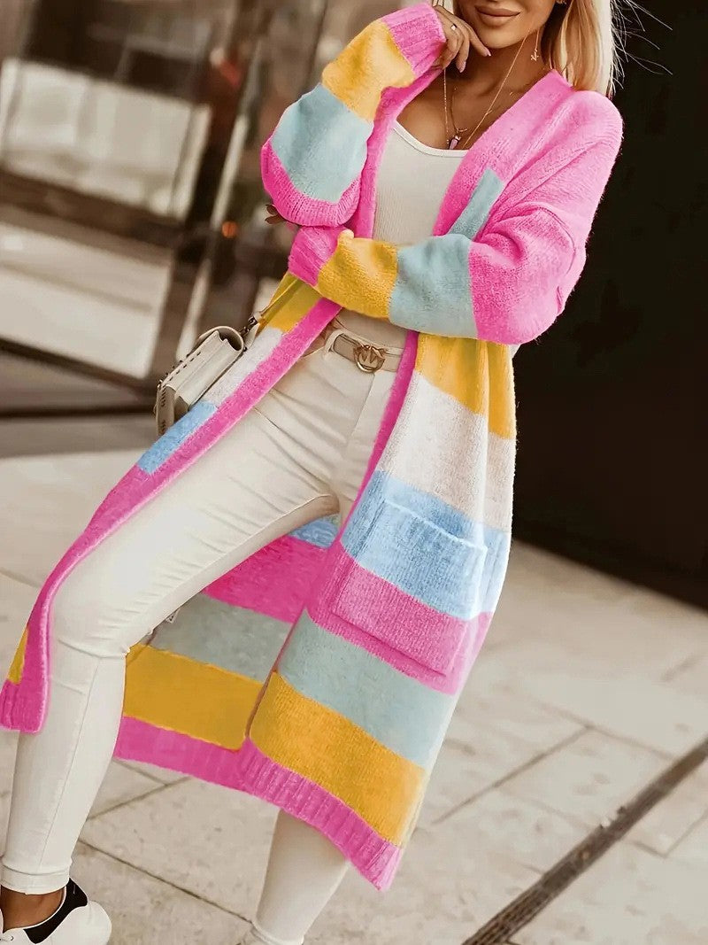 Colorblock Rainbow Stripe Long Knit Cardigan