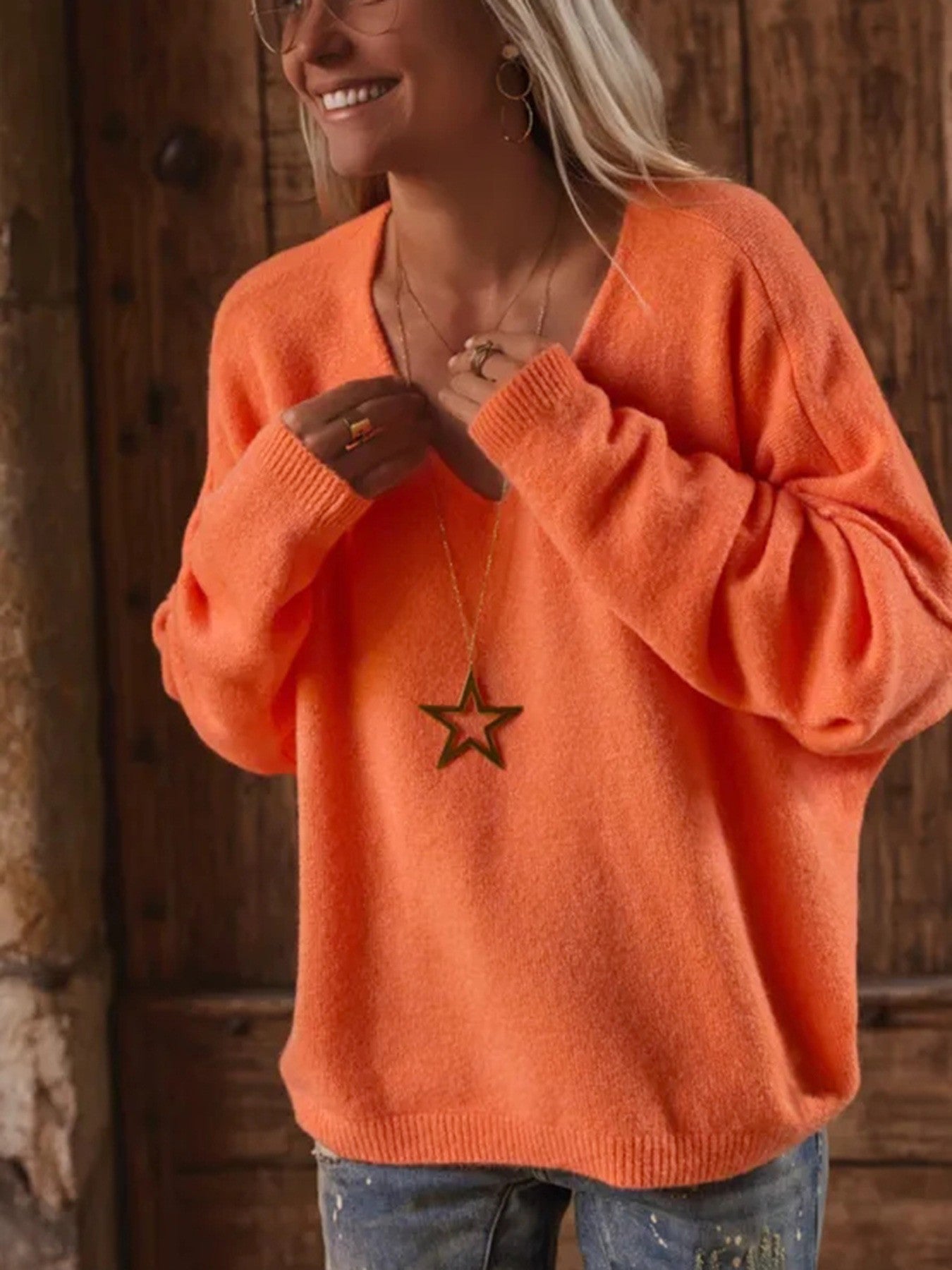 Deep V Neck Pullover Loose Knit Sweater