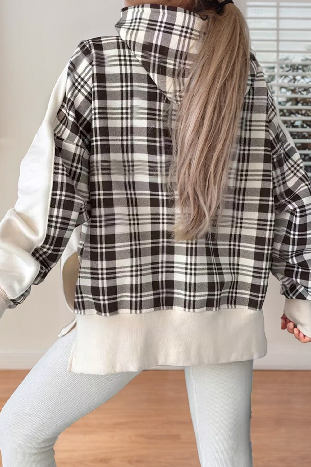 Plaid Patchwork Side Slit Sweatshirt
