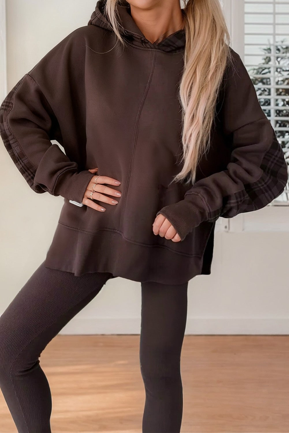 Plaid Patchwork Side Slit Sweatshirt
