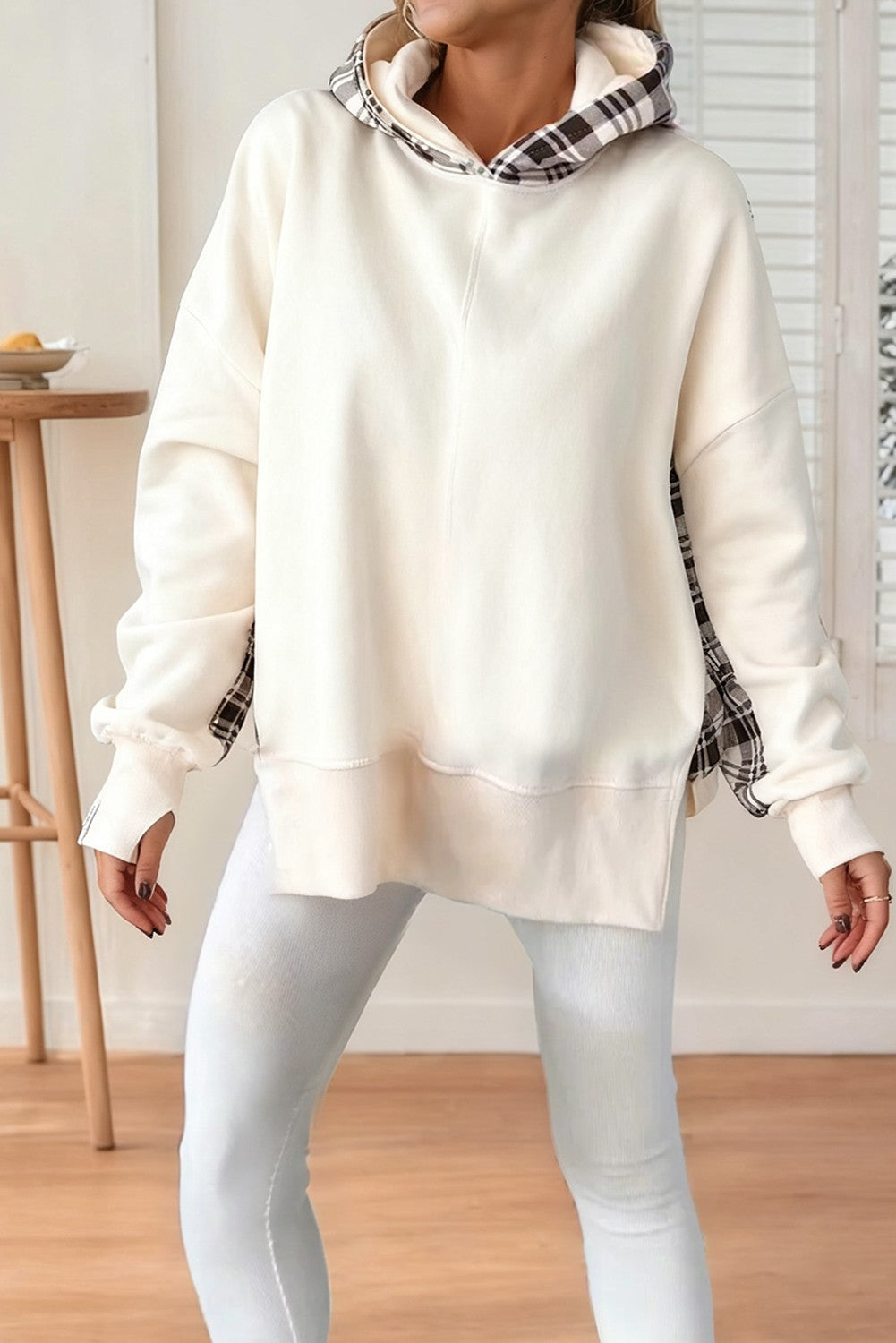 Plaid Patchwork Side Slit Sweatshirt
