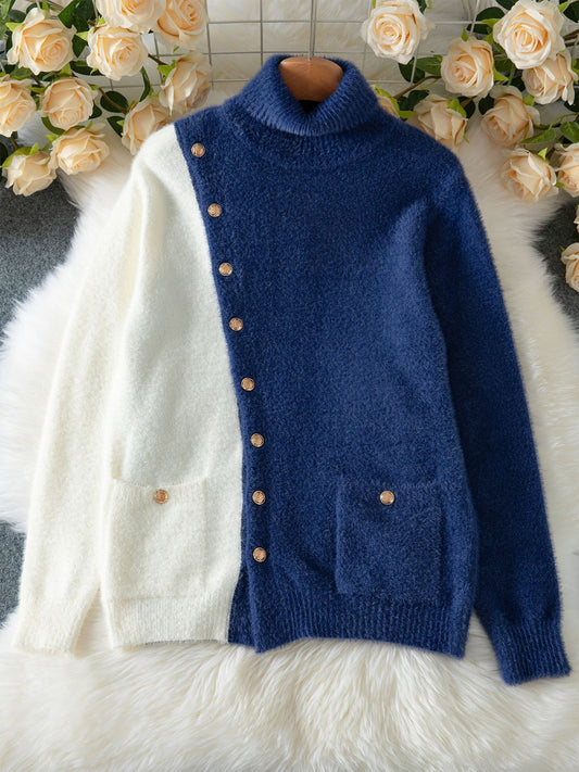 Asymmetrical Button Colorblock Knit Sweater
