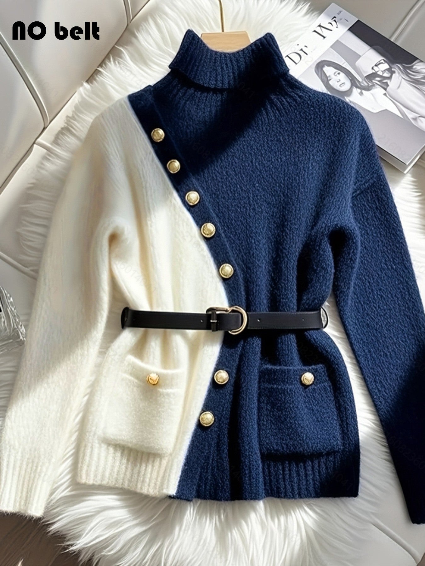 Asymmetrical Button Colorblock Knit Sweater