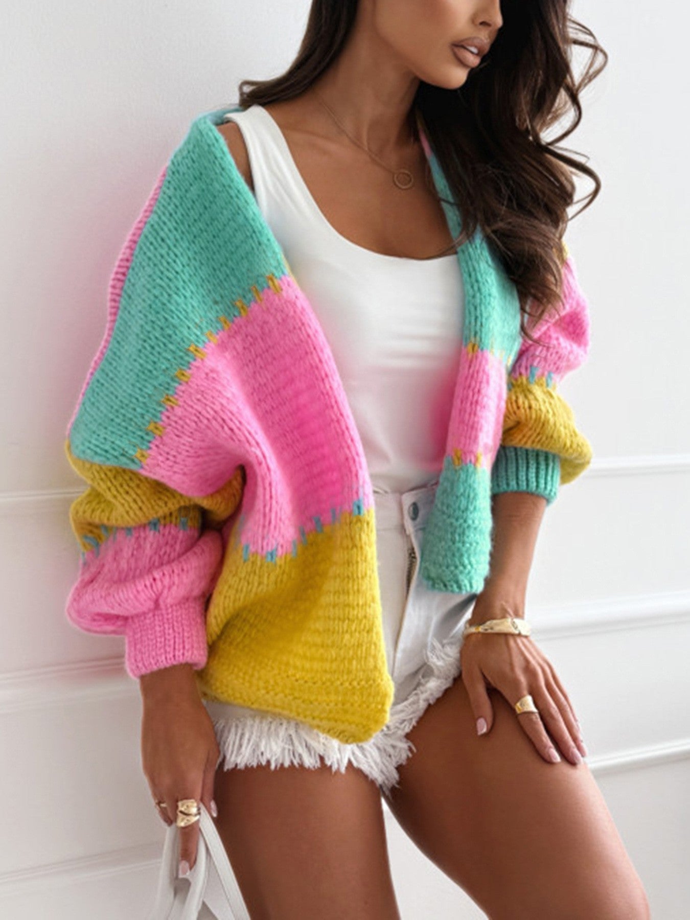 Colorblock Loose Knit Cardigan Sweater