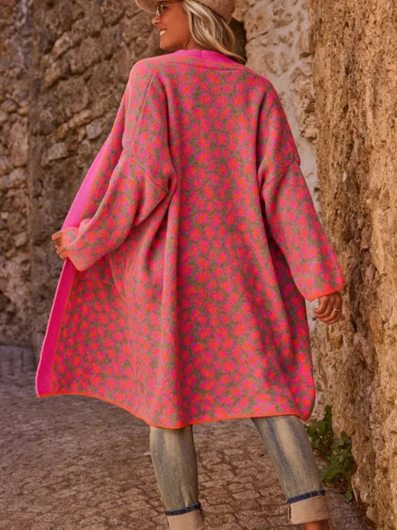 Colorblock Leopard Print Long Knitted Cardigan