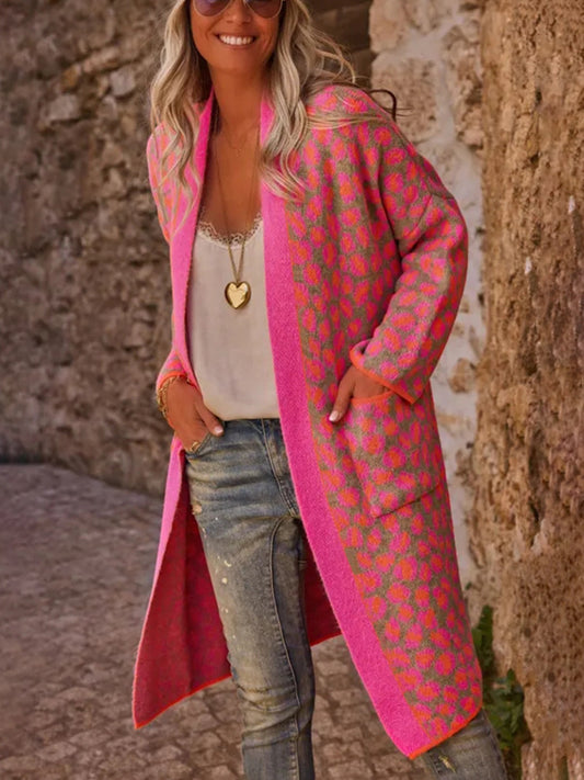 Colorblock Leopard Print Long Knitted Cardigan