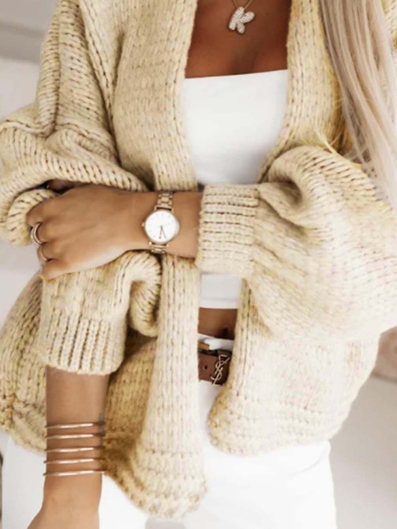 Solid Chunky Knit V Neck Lantern Sleeve Cardigan