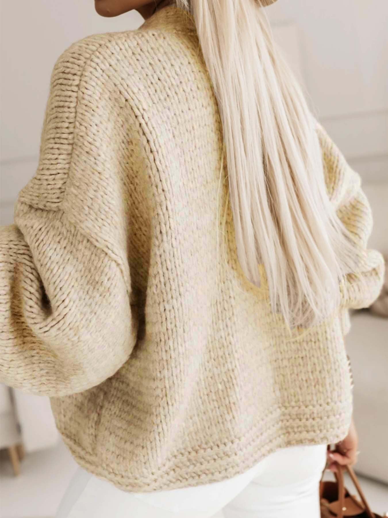 Solid Chunky Knit V Neck Lantern Sleeve Cardigan
