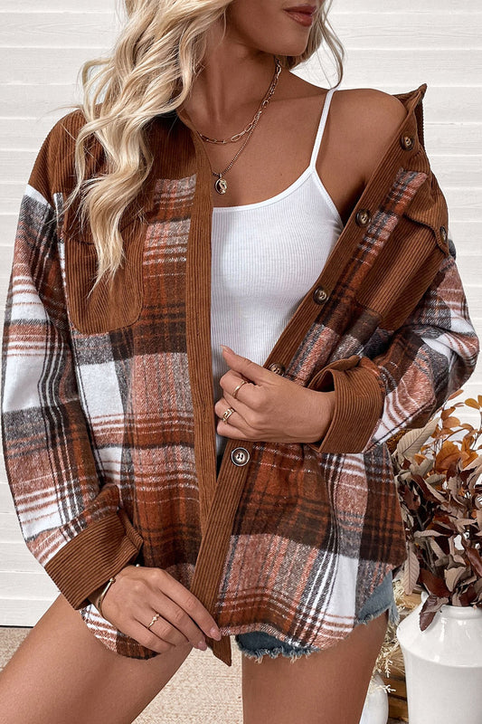 Plaid Corduroy Patchwork Pocket Loose Shacket