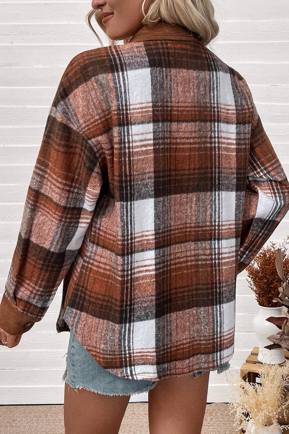Plaid Corduroy Patchwork Pocket Loose Shacket