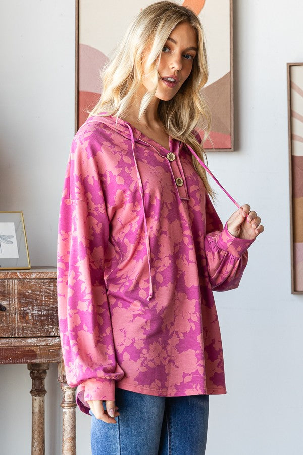 Long Puff Sleeve Drawstring Hood Floral Hoodie Top