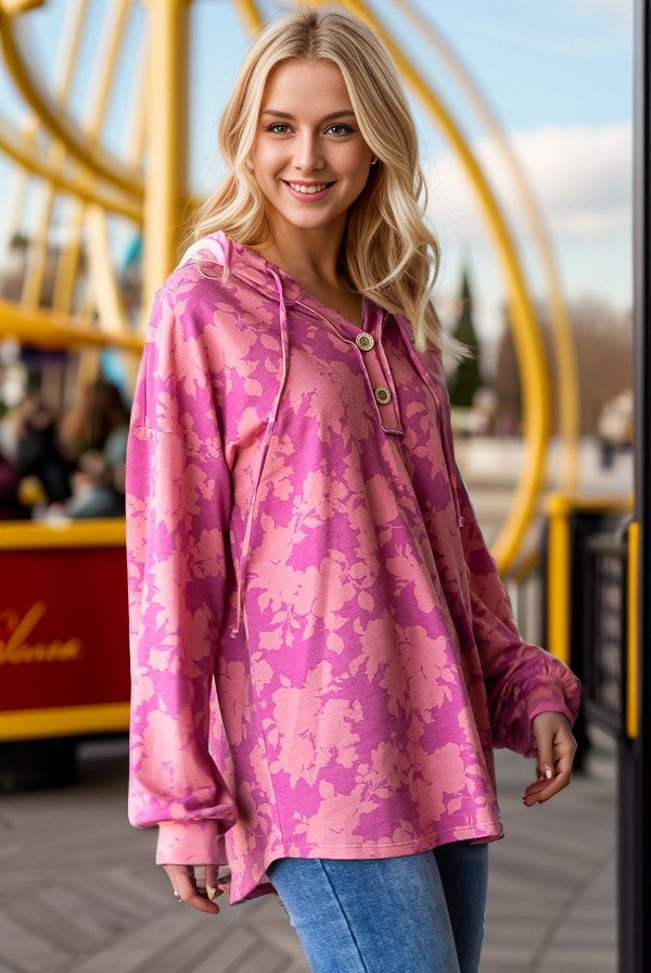 Long Puff Sleeve Drawstring Hood Floral Hoodie Top