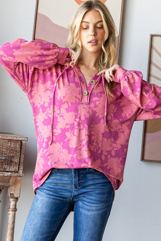 Long Puff Sleeve Drawstring Hood Floral Hoodie Top