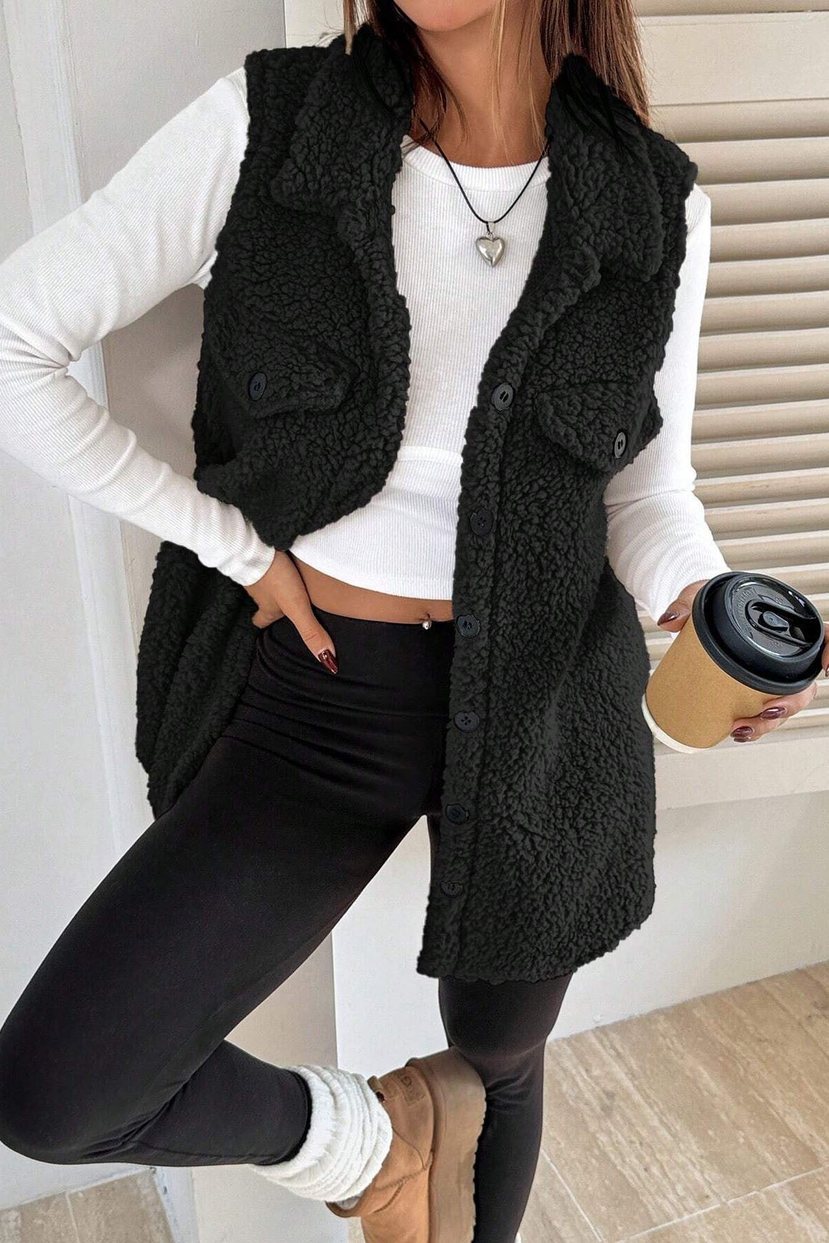 Imitation Lamb Wool Lapel Button Sleeveless Vest