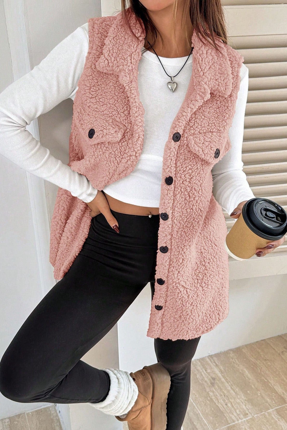 Imitation Lamb Wool Lapel Button Sleeveless Vest
