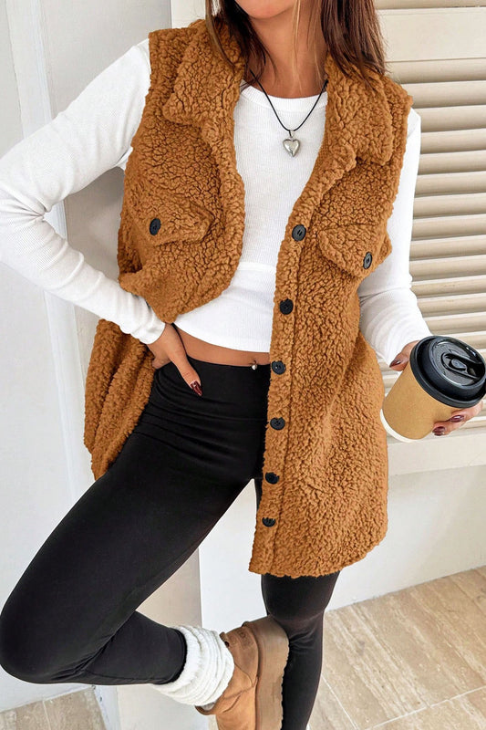 Imitation Lamb Wool Lapel Button Sleeveless Vest