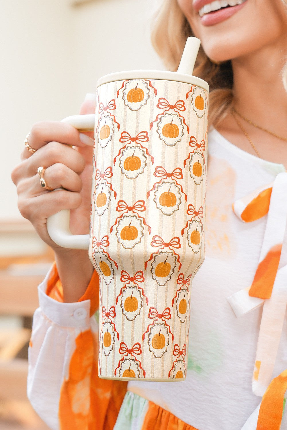 Gold Striped Lattice Bow Pumpkin Print Tumbler