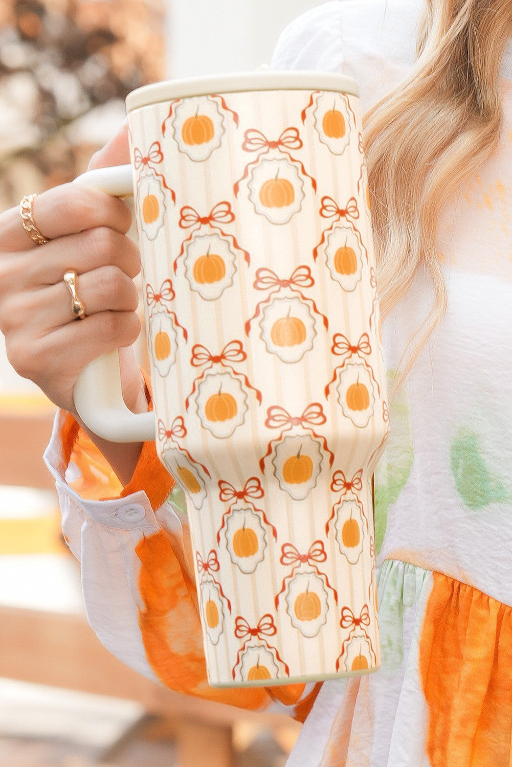 Gold Striped Lattice Bow Pumpkin Print Tumbler