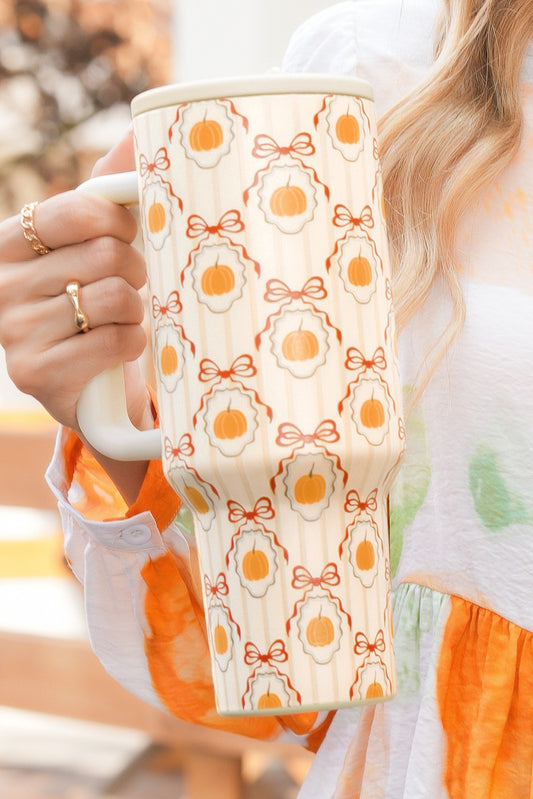 Gold Striped Lattice Bow Pumpkin Print Tumbler