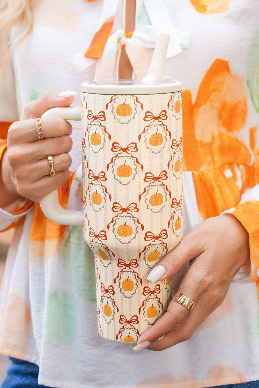 Gold Striped Lattice Bow Pumpkin Print Tumbler