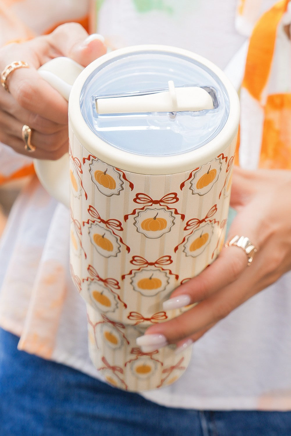 Gold Striped Lattice Bow Pumpkin Print Tumbler