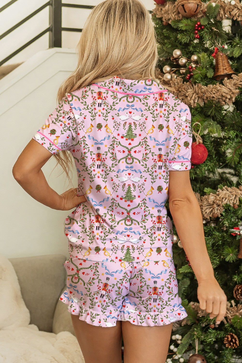 Trim Ribbon Tie Waist Short 2pcs Pajama Set