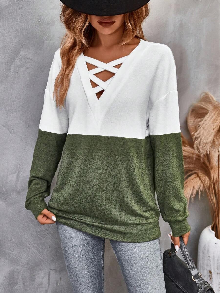 Cross-v-neck Color-blocking Off-the-shoulder Top