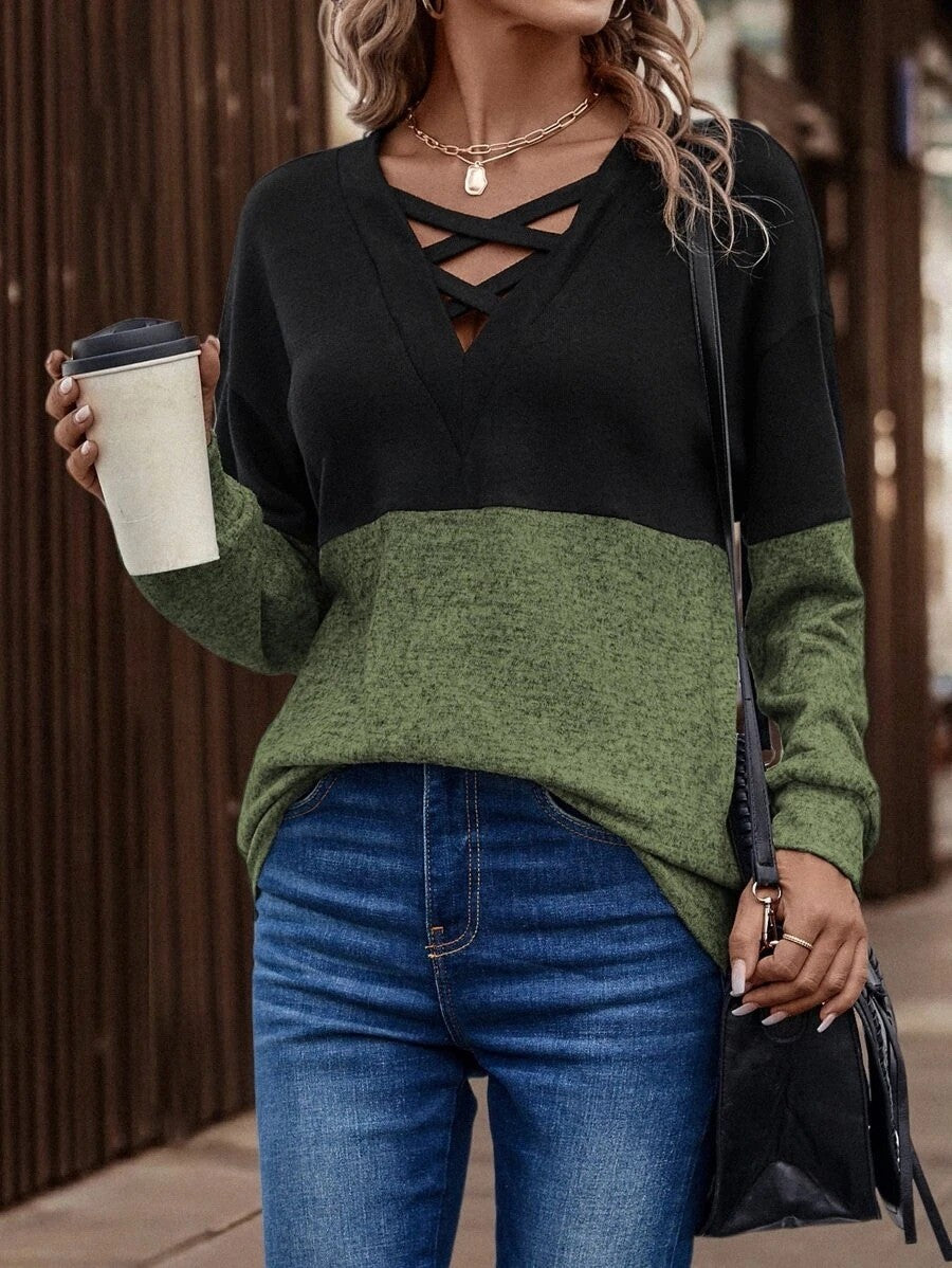 Cross-v-neck Color-blocking Off-the-shoulder Top