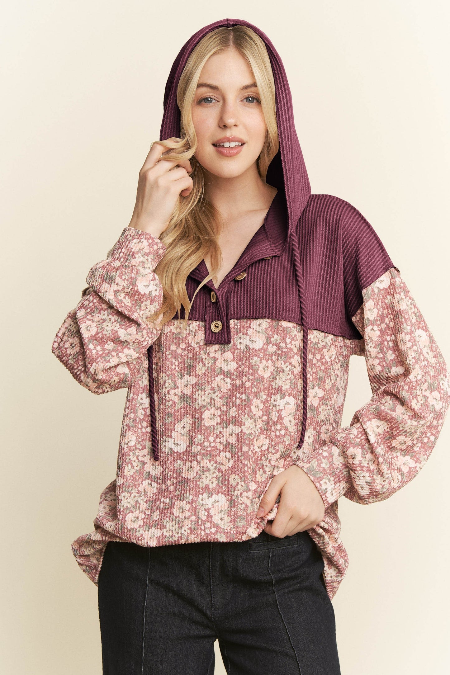 Long Sleeve Floral Urban Ribbed Hoodie