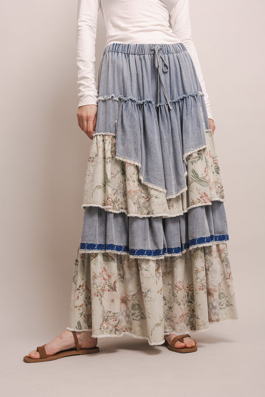 Elastic Waistband Tiered Maxi Skirt