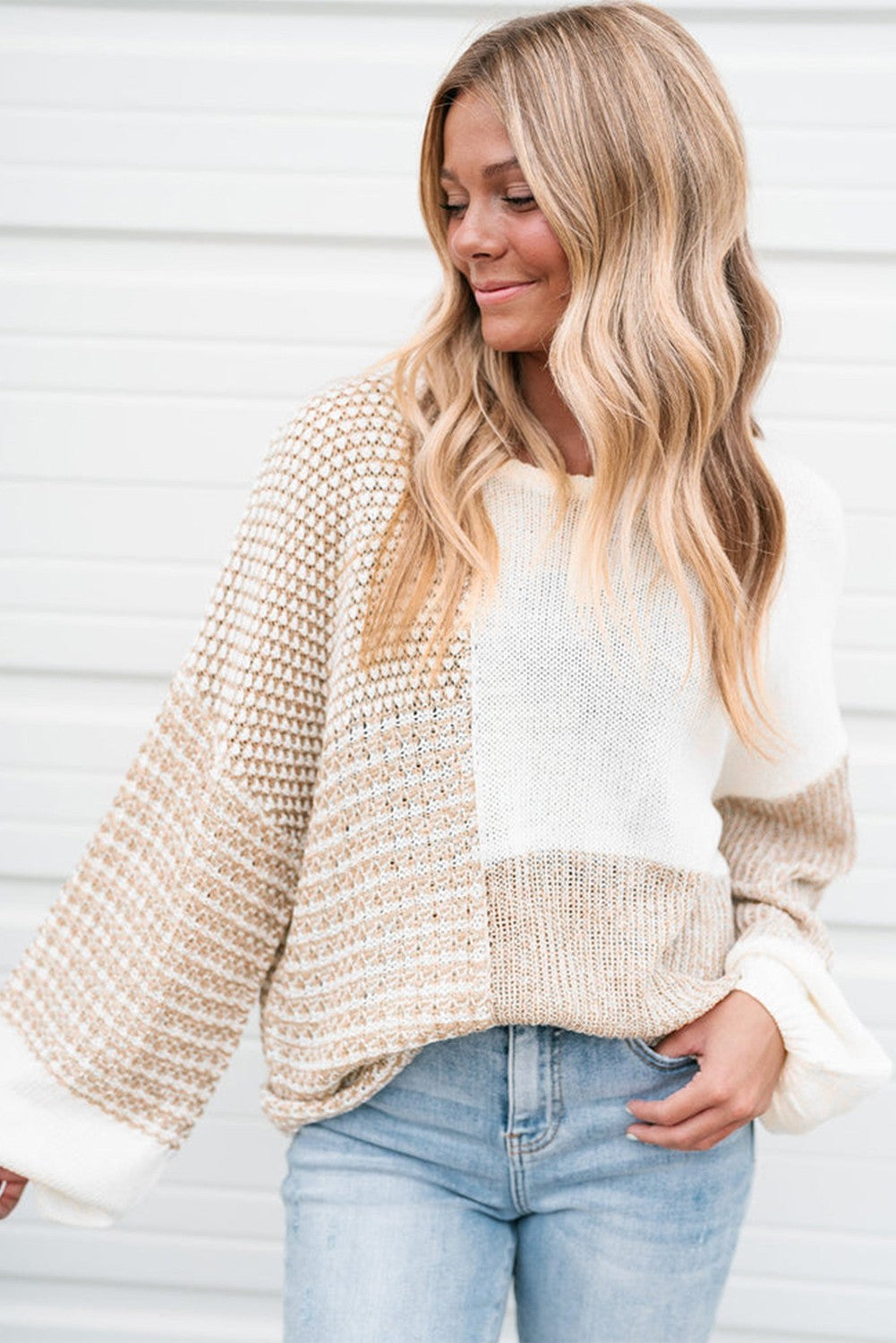 Mixed Knit Tie Keyhole Drop Shoulder Sweater