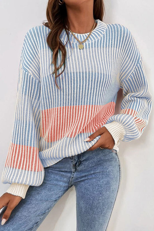 Colorblock Textured Knit Bubble Sleeve Sweater