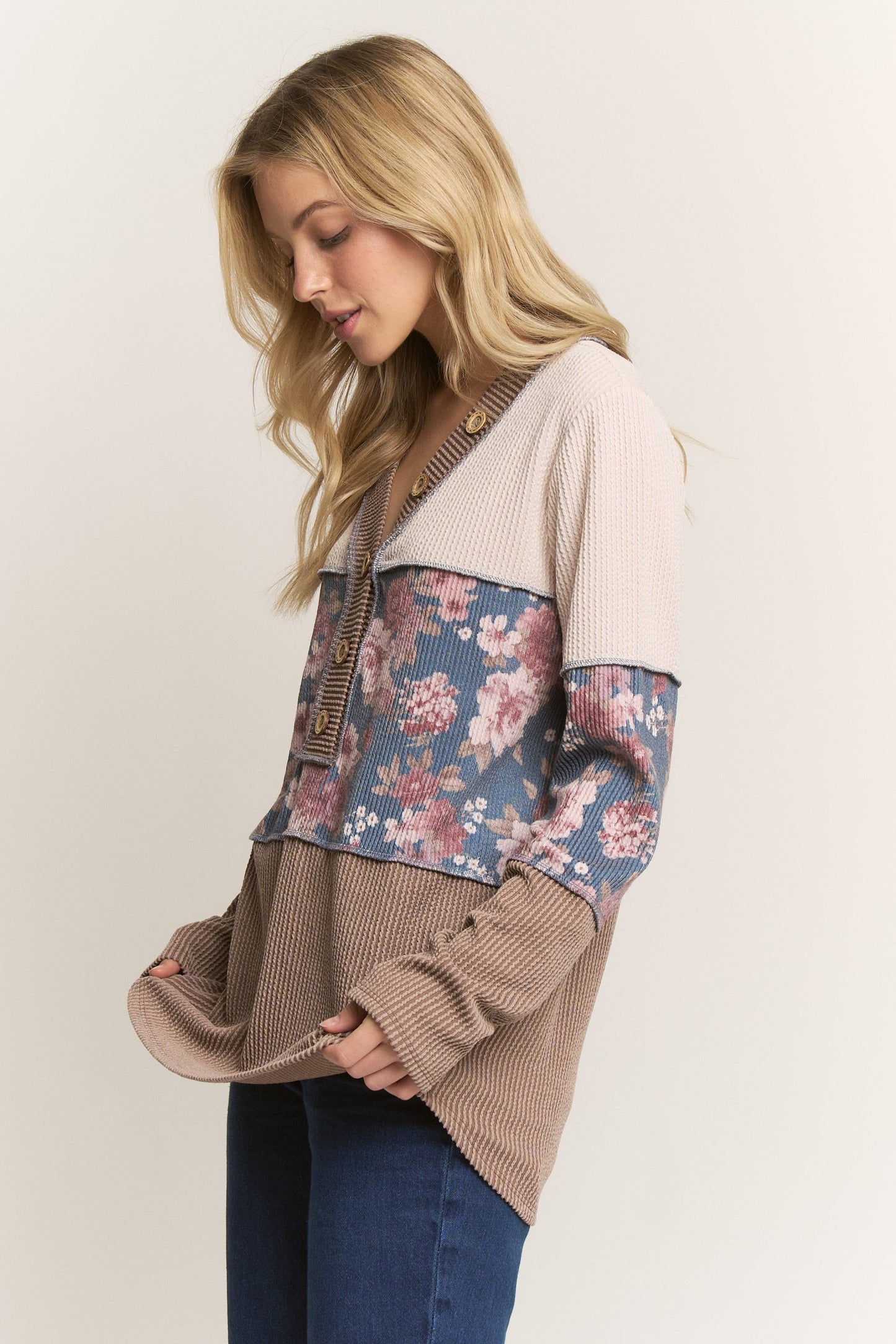 Long Sleeve Solid Urban Rib And Geometric Top