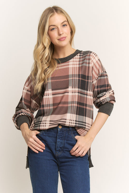 Long Sleeve Round Neck Multi Plaid Top