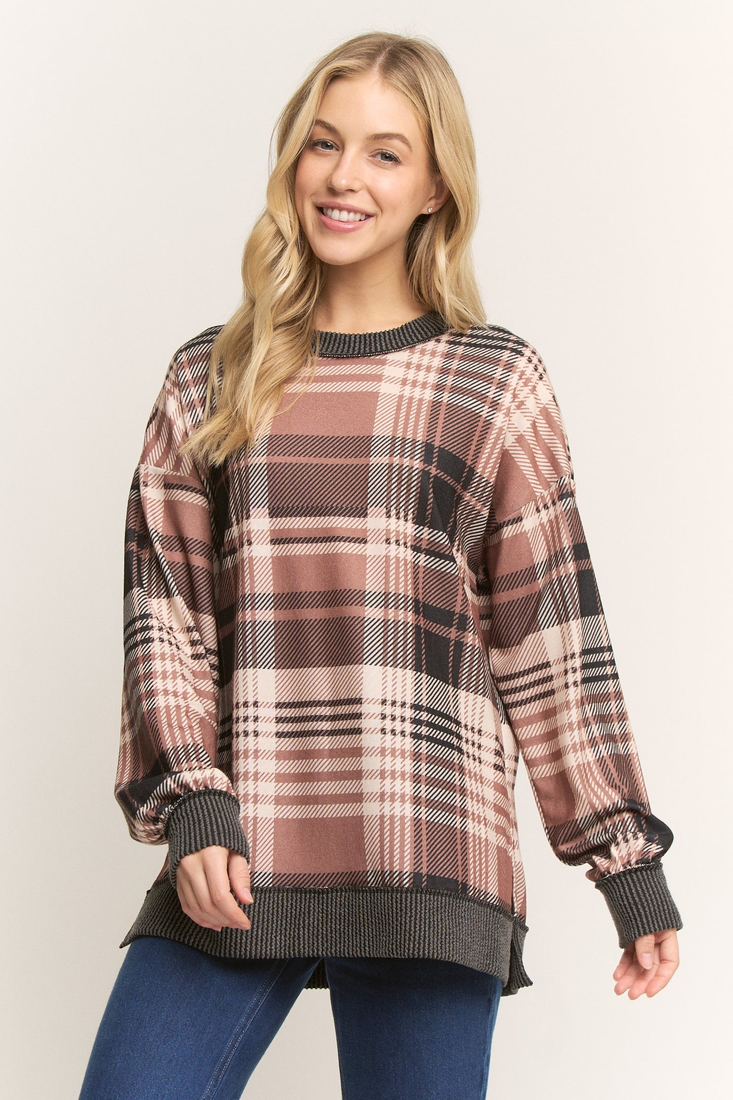 Long Sleeve Round Neck Multi Plaid Top