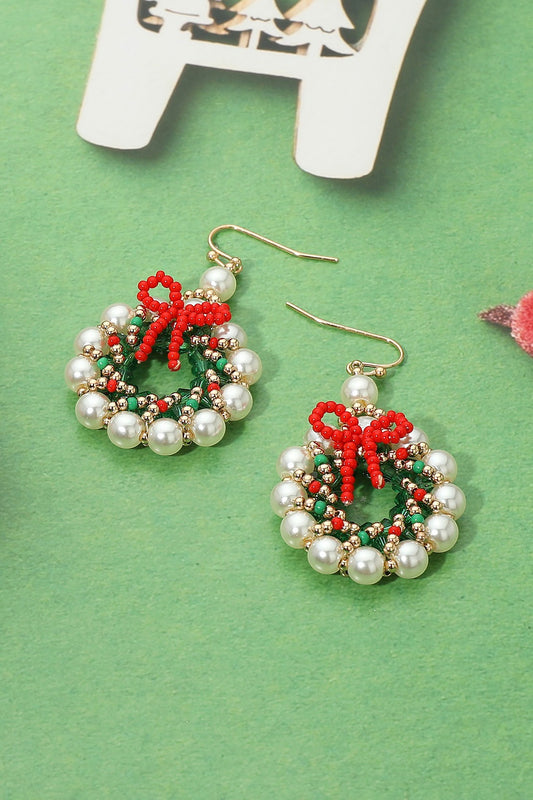 Pearl Beaded Christmas Wreath Dangle Earrings
