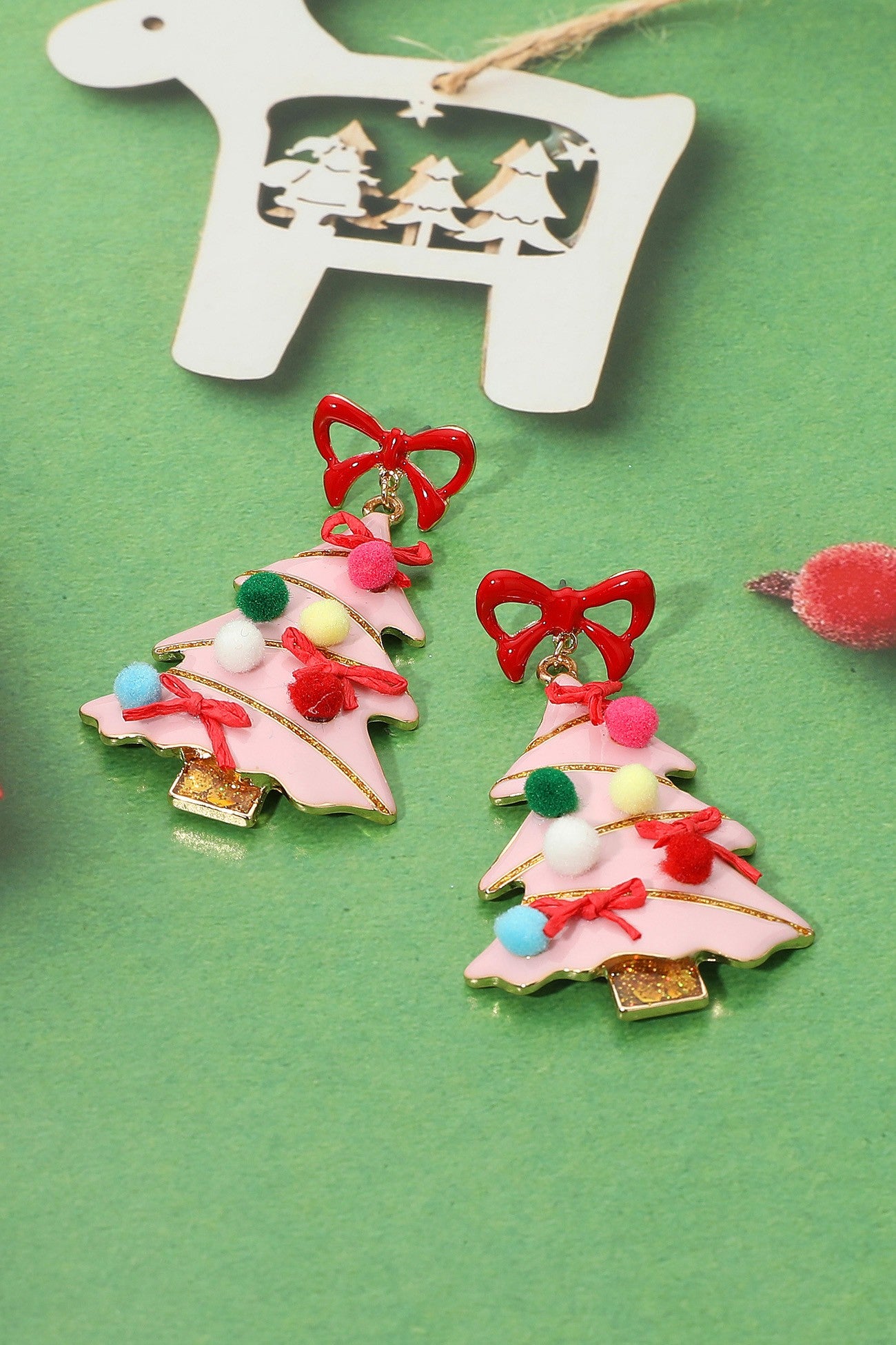 Enamel Bow Pom Pom Christmas Tree Dangle Earrings
