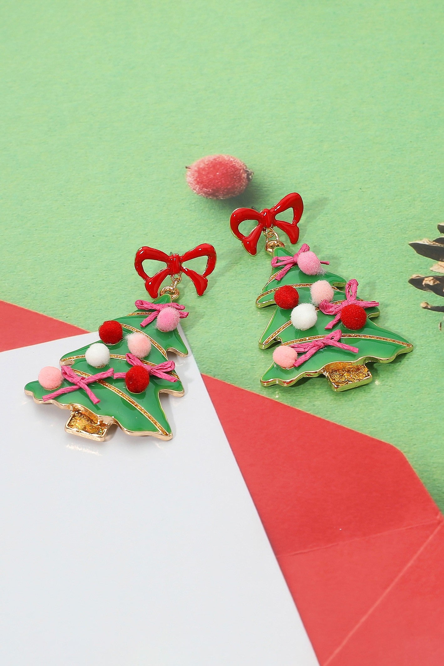 Enamel Bow Pom Pom Christmas Tree Dangle Earrings