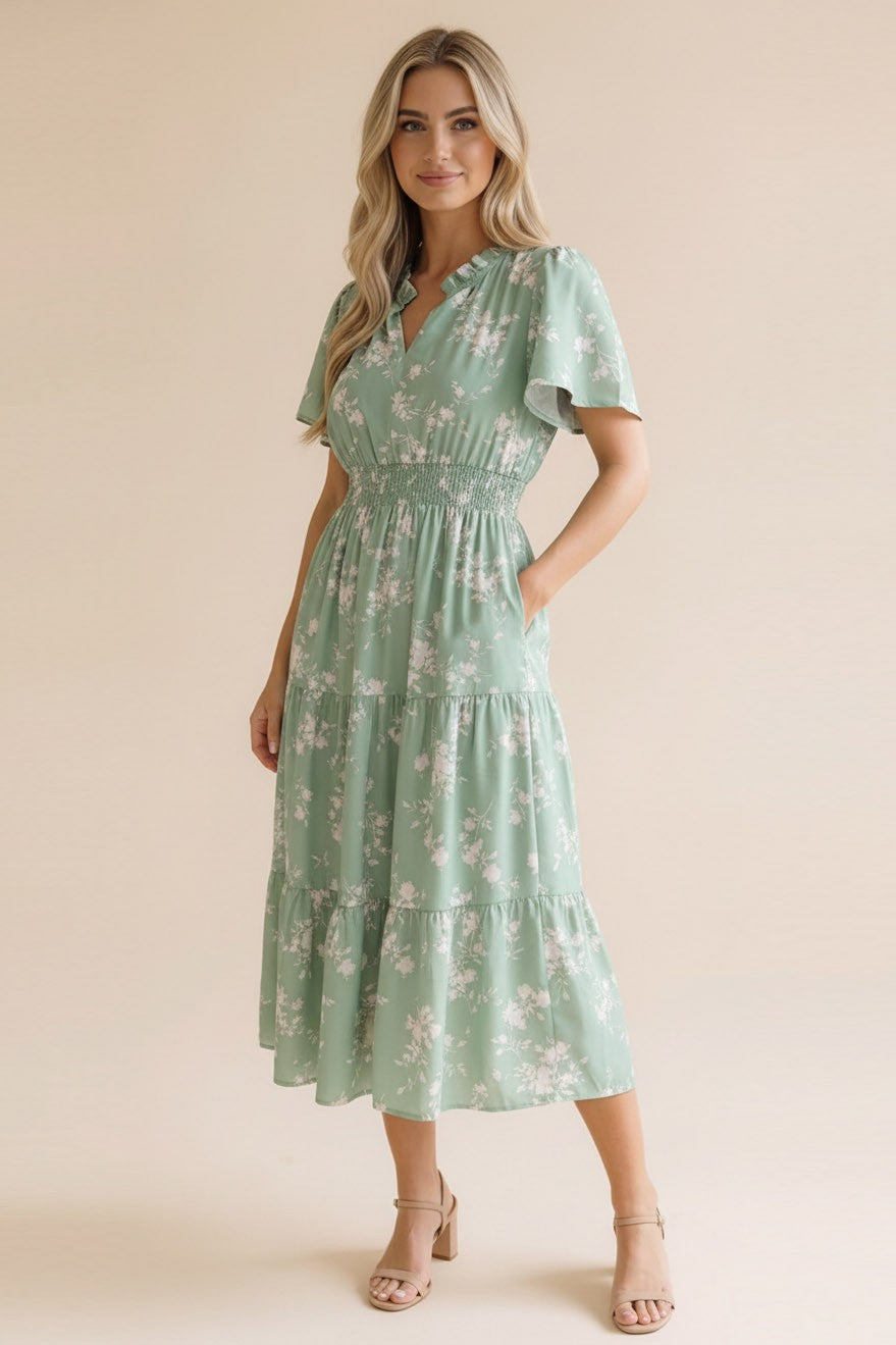 Frilled Notch Neck Smocked Waist Floral Dress