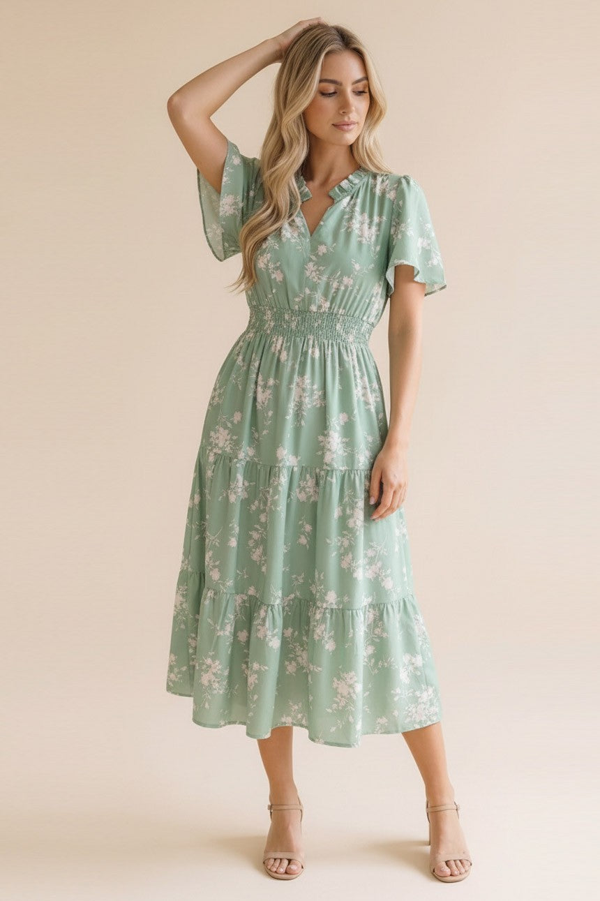 Frilled Notch Neck Smocked Waist Floral Dress