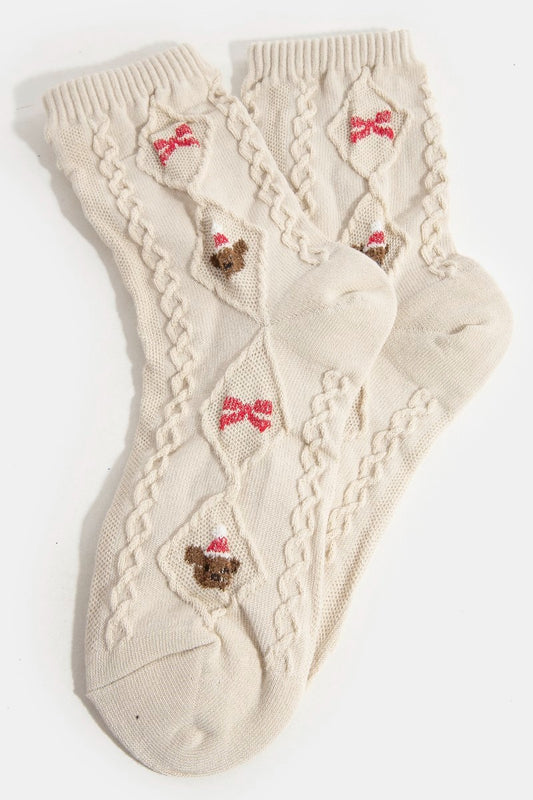 Embroidered Christmas Reindeer Beige Socks